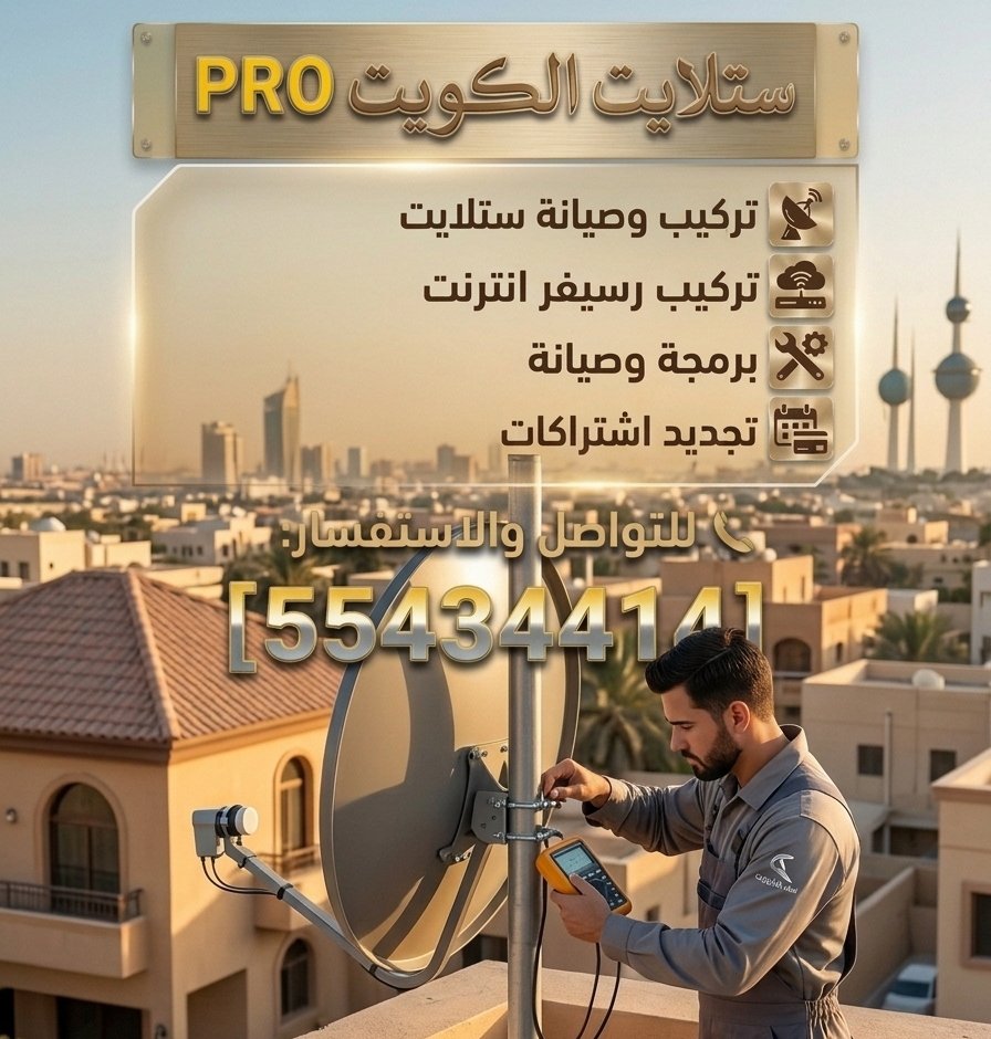 فني ستلايت يقوم بضبط طبق دش على سطح منزل في الكويت