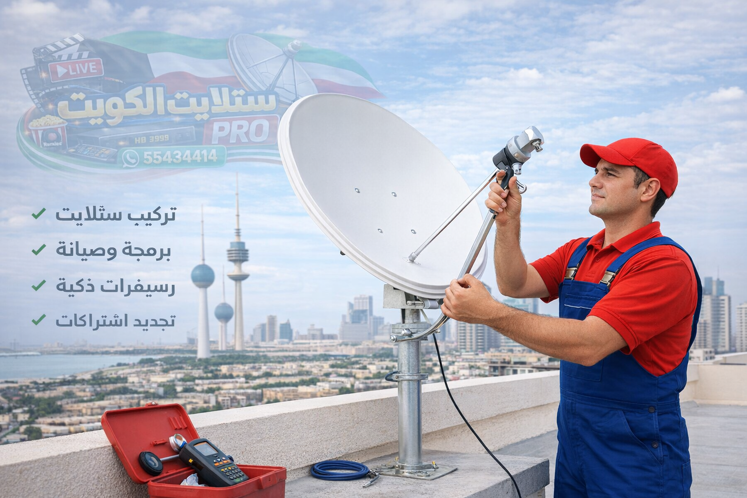 فني يقوم بتركيب طبق ستلايت على سطح منزل في الكويت